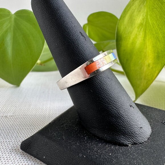 Sterling Silver Rainbow Inlay Band Ring Size 8 - Picture 2 of 7